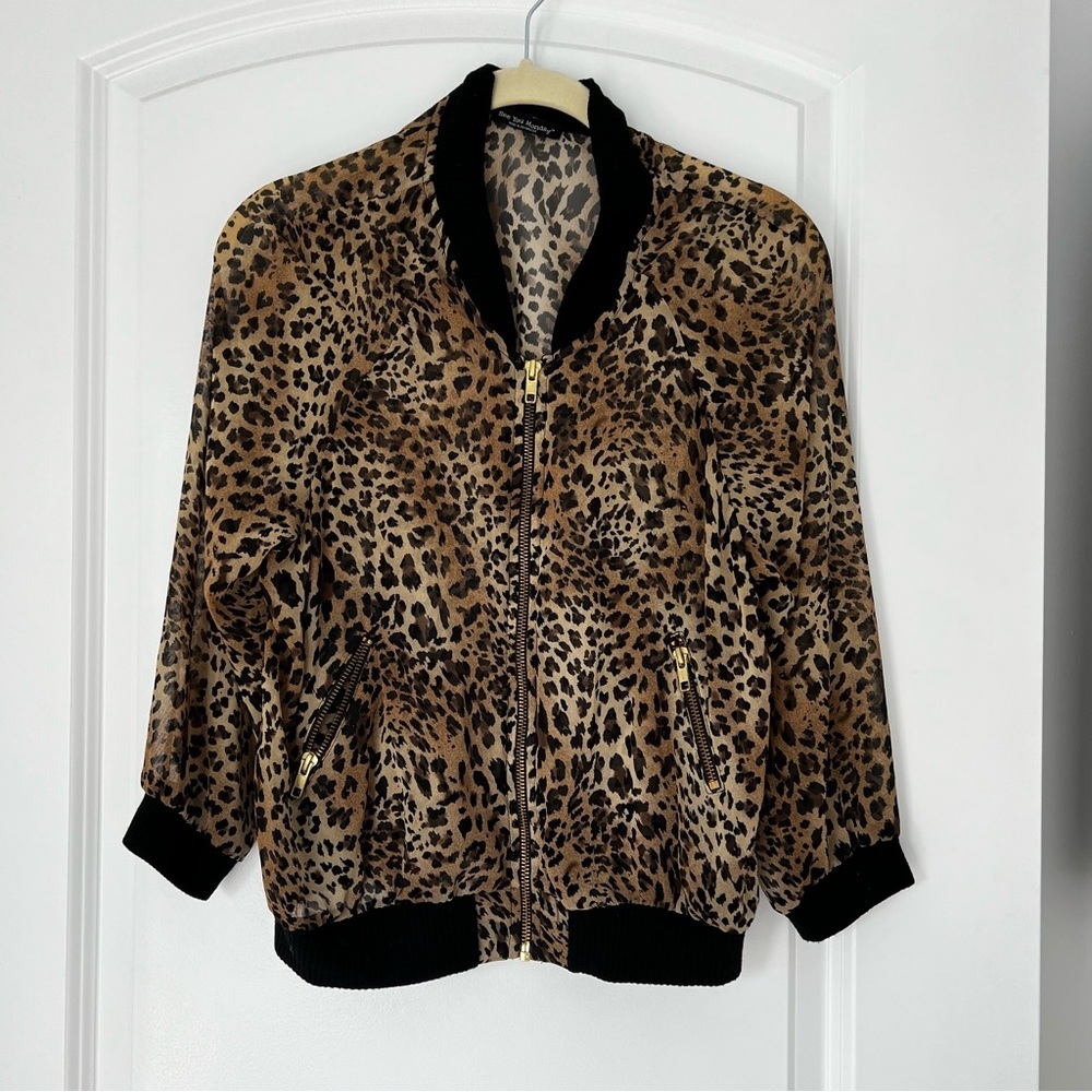 See You Monday Brown and Black Leopard Print Sheer Bomber Jacket XS S